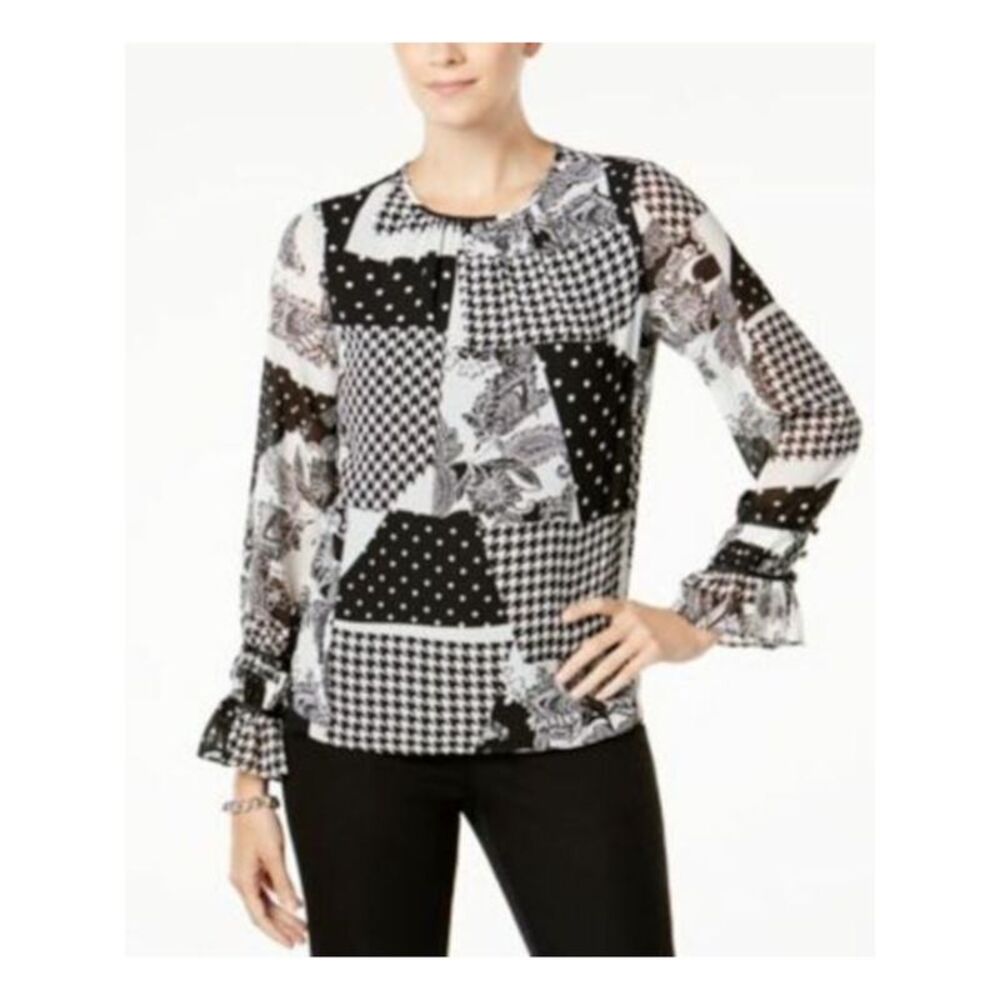 INC Womens Black Sheer Ruffled Printed Long Sleeve Crew Neck Wear To Work Top M